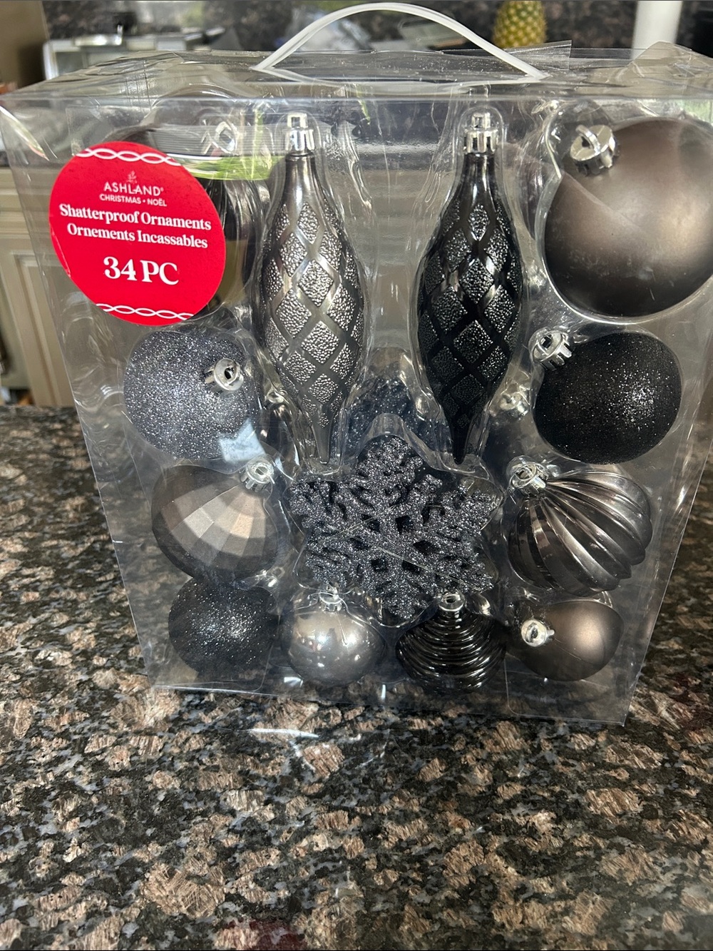ASHLAND METALLIC BLACK AND SILVER SHATTERPROOF ORNAMENTS 34 PC NWT